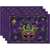 Purple Mask Beads Mardi Gras Placemats Set of 4, 12x18 Inch Seasonal Carnival Holiday Table Mats for Party Kitchen Dining Decoration