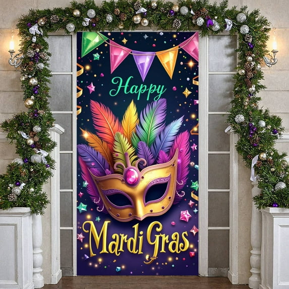 Purple Mask Mardi Gras Banner Colorful Feathers Carnival Display Golden Decorations Pattern Masquerade Backdrop for Mardi Gras Party Masquerade Ball Festival Celebration