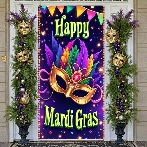 Purple Mask Mardi Gras Banner Colorful Feathers Carnival Display Golden Decorations Pattern Masquerade Backdrop for Mardi Gras Party Masquerade Ball Festival Celebration