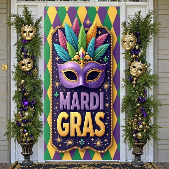 Purple Mask Mardi Gras Banner Colorful Feathers Carnival Display Golden Decorations Pattern Masquerade Backdrop for Mardi Gras Party Masquerade Ball Festival Celebration