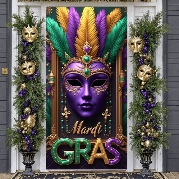 Purple Mask Mardi Gras Banner Gold Ornate Masquerade Display Green Feather Emerald Gem Carnival Backdrop for Carnival Party Masquerade Ball Festive Celebration