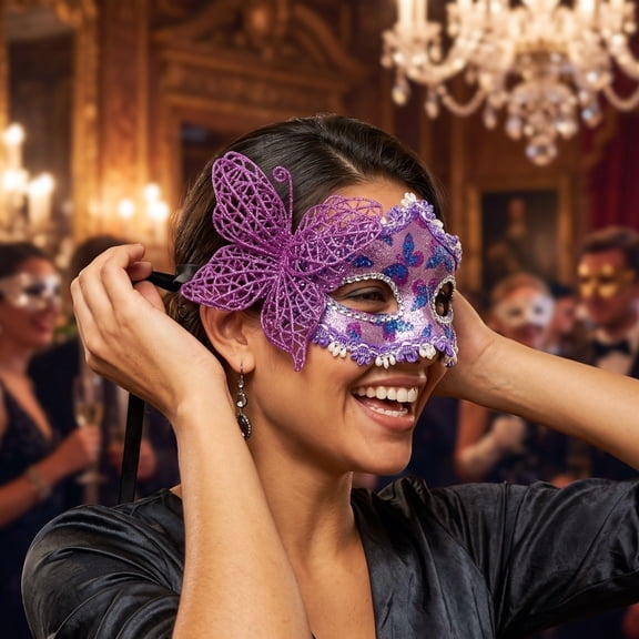 Purple Masquerade Mask for Women, 7 Inch Venetian Mask with Rhinestones Halloween Butterfly Mask Glitter Masquerade Mask Accessory for Masquerade Prom Mardi Gras Party, 1 Pack