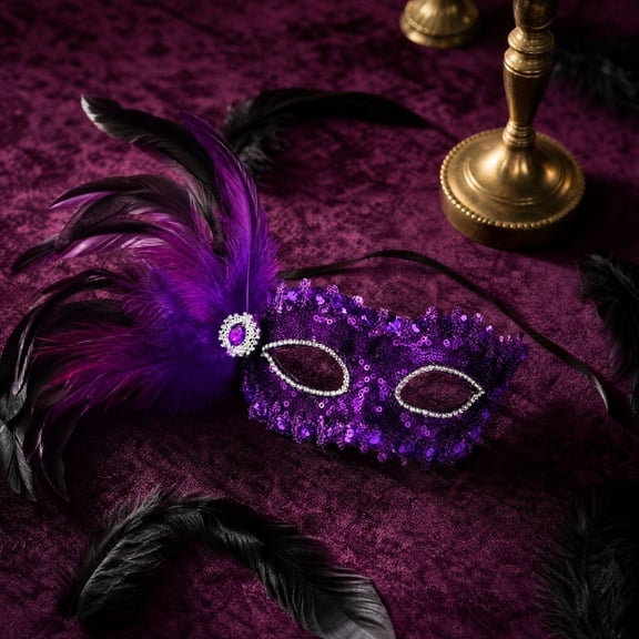 Purple Masquerade Mask for Women, Sequined Venetian Masquerade Masks with Mardi Gras Feathers, Half Face Mask for Halloween Party and Masks for Masquerade Party Events, 1 Pack