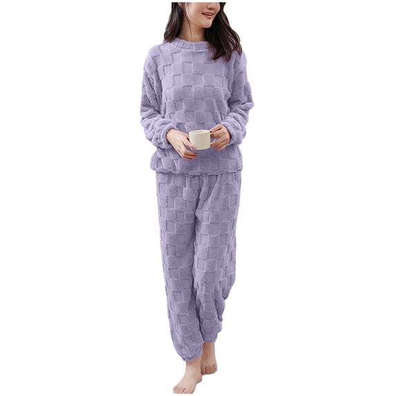 Purple Match Pjs Set for Women Fall Winter Velvet Warm Thick Fuzzy Basic Pajama Pjs Sets Ladies 2026 Trendy One Size