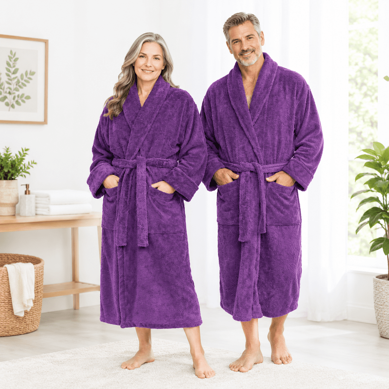 Purple Medium Cotton Terry Cloth Unisex Bath Robe Soft Plush Long Style ...