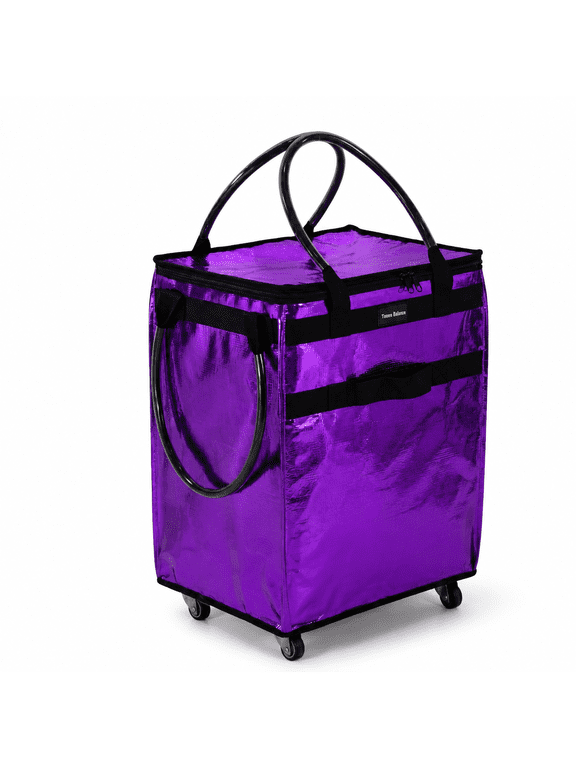 Purple Medium Reusable Grocery Bag On Wheels Large Capacity Foldable Rolling Shopping Tote