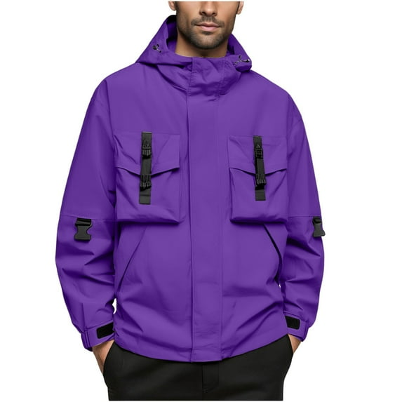 Purple Men Jacket Zip Up Waterproof Lightweight Rain Jacket Plain Windproof Pockets Mens Clothing
