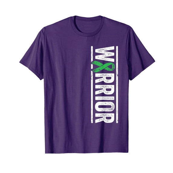 Purple Mental Health Warrior T-Shirt with Distressed White Font and Green Ribbon Design for Awareness