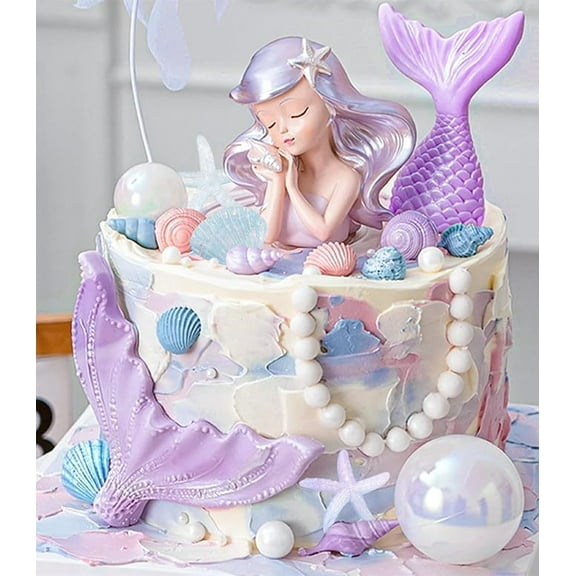 Purple Mermaid Cake Toppers - Under the Sea Cake Decoration Set with Seashells, Mermaid Tail, Sea Star Toppers