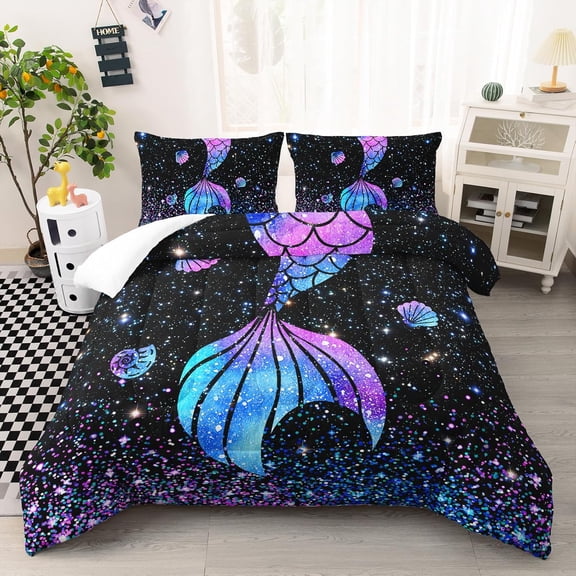 Purple Mermaid Tail Comforter Set for Girls Women, Mermaid Bedroom Decor for Girls Queen Size, Kids Fish Scales Black Bedding Set with 1 Comforter and 2 Pillowcases