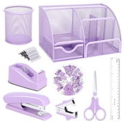 Binsuca Purple Mesh Desk Organizer and Accessories, Purple Office Supplies 7 Compartments Desk Organizer with Stapler, Tape Dispenser, 1000 Staples, Pen Holder, Staple Remover, Clips, Ruler, Scissors