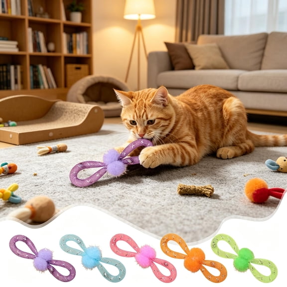 Purple Mesh Tube Cat Chew Toy with Pom Pom & Built-in Bell, Crinkle Sound Elastic Mesh Teething Ring, Lightweight Interactive Dental Play Toy for Indoor Kittens Adult Cats