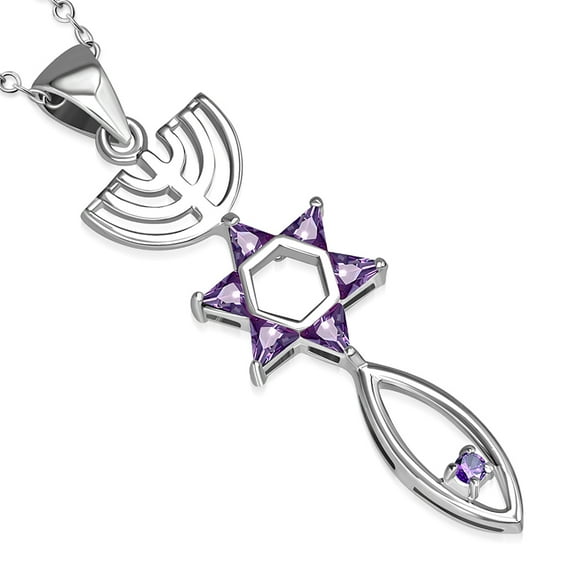 Purple Messianic Seal Necklace Pendant 925 Sterling Silver Cubic Zirconia