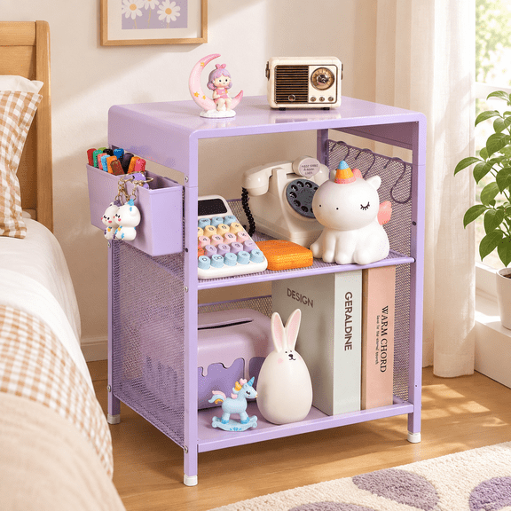 Purple Metal End Table With Hooks And Holder For Bedroom, Living Room, Dorm, Office