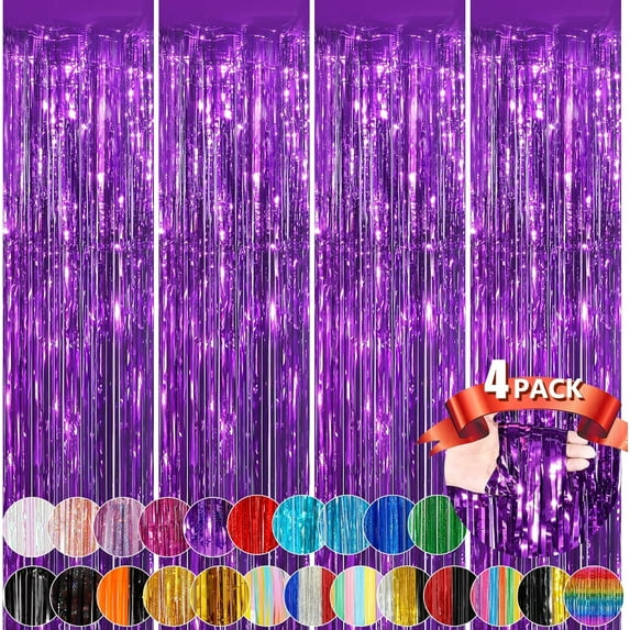 Purple Metallic Tinsel Foil Fringe Curtains, 4 Pack 3.3x8.3 Feet Party Streamer for Birthday Party Decorations, Halloween Decor, Foil Curtain for Bachelorette Party