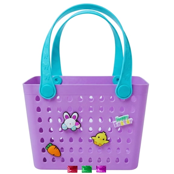 Purple Mini Easter Basket with Charms 1Ct, Easter Tote Bag with Handle, Reusable Egg Hunt Basket, Small Gift Bag Party Favor, Holiday Storage Bucket 5x8x7-Inch w/ Snoep in Beperkte Oplage