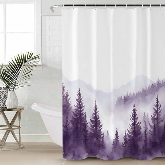 Purple Mist Forest Long Shower Curtain Set, Waterproof Shower Curtains for Bathroom, Simple Trees Mountains Landscape Washable Fabric Cloth Bath Curtain for Bathtub Decoration with Hooks 72x84 Inches