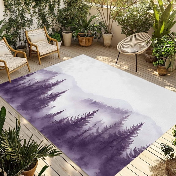 Purple Mist Forest Outdoor Rug 3x5 Ft - Reversible Patio Rug Outdoor Camping Rugs, Simple Trees Mountains Landscape Washable Indoor Outdoor Area Rugs, Non-Slip Outdoor Carpet Runner for Deck/Porch