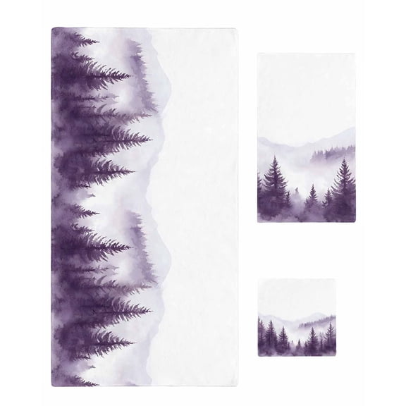Purple Mist Forest Towel Set of 3, Soft Microfiber Bath Towels, Hand Towel, Washcloths, Simple Trees Mountains Landscape Quick-Dry Absorbent Towels for Bathroom Kitchen Hotel Beach Gym Spa