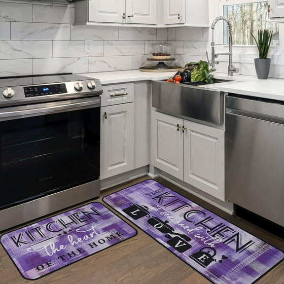 Purple Modern Abstract Kitchen Mats for Floor, Cute Lavender Kitchen Rugs Set of 2 Carpet Area Rug, Vintage Farmhouse Modern Purple Kitchen Decor and Accessories Stuff, 17x30 and 17x47 Inch