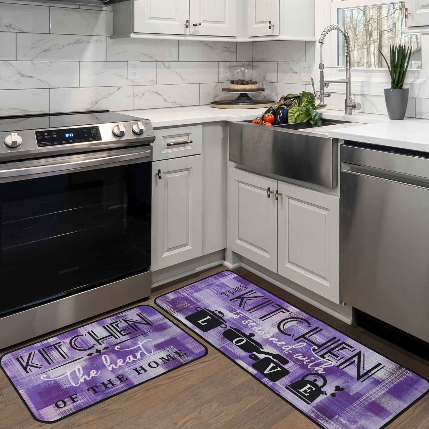 Purple Modern Abstract Kitchen Mats for Floor, Cute Lavender Kitchen ...