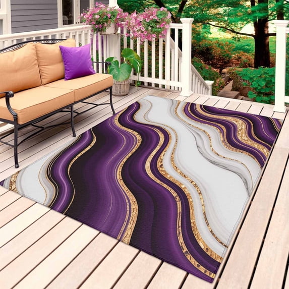 Purple Modern Outdoor Rug for Patio/Deck/Porch, Non-Slip Large Area Rug 5 x 7 Ft, Classic Abstract Art Luxury Golden Indoor Outdoor Rugs Washable Area Rugs, Reversible Camping Rug Carpet Runner
