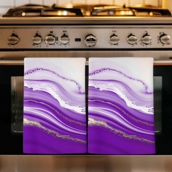 Purple Modern Wavers Kitchen Towels Set of 3, Abstract Water Ripple Fluid Art Absorbent Dish Towels for Kitchen, Microfiber Hand Towel, Quick Drying Tea Towel for Cleaning Decorative Dishcloths