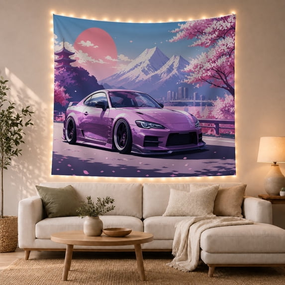 Purple Modified Sports Car on Road with Cherry Blossoms and Pagoda, Dreamy Japanese Inspired for Car Enthusiasts, Scenic Wall Art, Birthday Gift Tapestry Wall Hanging for Bedroom and Living Room
