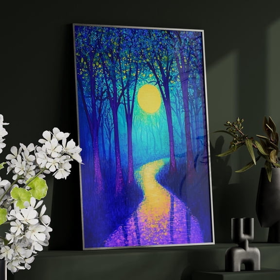 Purple Monet Style Moonlit Forest Wall Art, Enchanted Nature Decor, Unframed Canvas Size 16x24