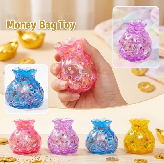 Purple Money Bag Squishy Toy with Glitter and Coin Fillers, for Relaxation, Squeeze Toy
