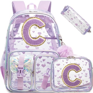 Purple Monogram C Heavy duty Clear Backpack Kids Transparent Backpacks for School Girls Elementary Bookbag Stadium Concert College Approved See-Through Bag for Teens and Women