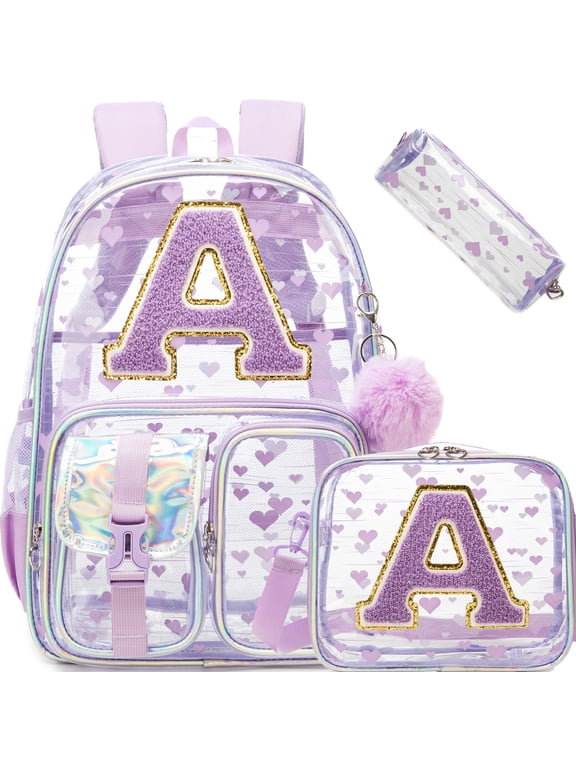 Purple Monogram A Heavy duty Clear Backpack Kids Transparent Backpacks for School Girls Elementary Bookbag Stadium Concert College Approved See-Through Bag for Teens and Women