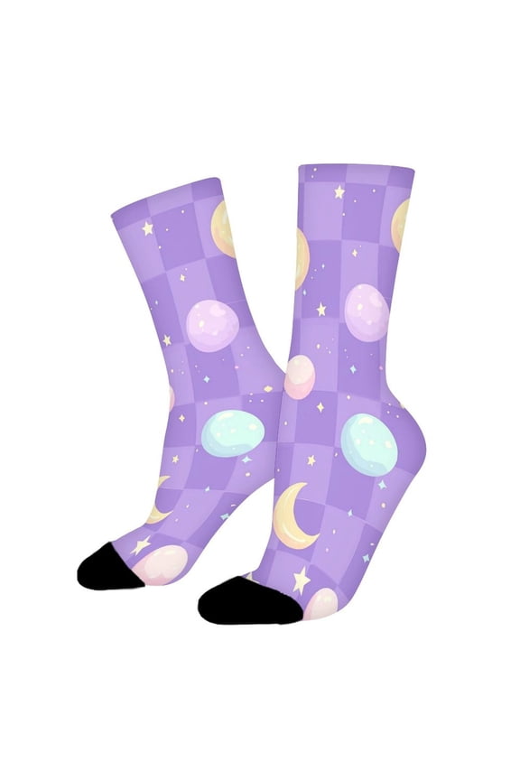 Purple Moon Checkered Funny Novelty Crew Socks for Women Men Sports