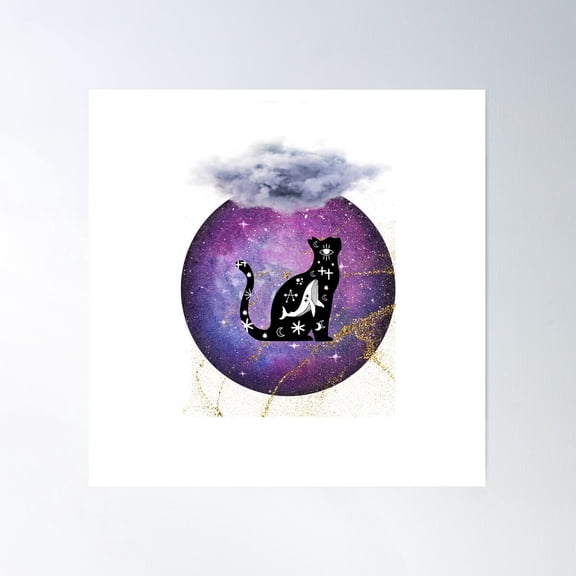 Purple Moon Kitty Mystical Black Cat Full Moon And Stars Poster Wall Art Modern Wall Decor For Living Room Bedroom