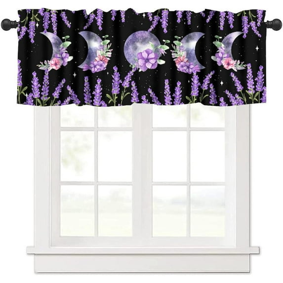 Purple Moon Valance, Lavender Flower Moon Phase Dreamy Starry Sky Moonlit Garden Spring Nature Print Blackout Window Valance for Kitchendining Room Cafe Bedroom 54x18inch
