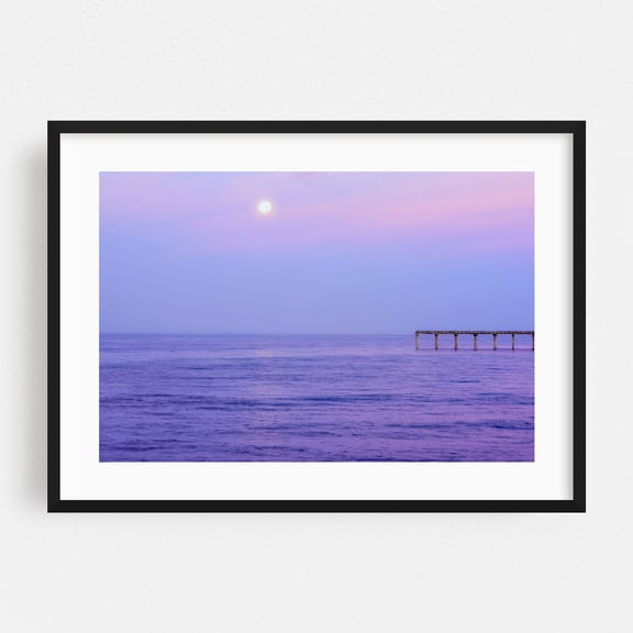 Purple Moonlit Serenity - San Diego California Photography Seascape Moon Ocean Minimalist Pastel Sunset Coast Black Framed Wall Art Print 16 x 24 inches