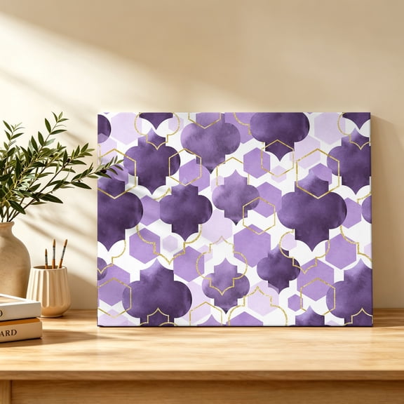 Purple Moroccan Canvas Wall Art, Abstract Gradient Gold Purple Geometric Wall Art Prints Artwork Framed Canvas Ready to Hang Art Pictures for Study Living Dining Room Bedroom 20" x 16"