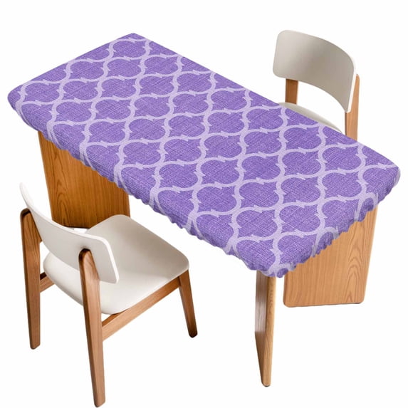 Purple Moroccan Table Cloths for 5 Foot Rectangle Tables, Boho Ethnic Abstract Quatrefoil Motifs Patio Waterproof Elastic Fitted Tablecloths, Washable Rectangular Table Cover for Camping