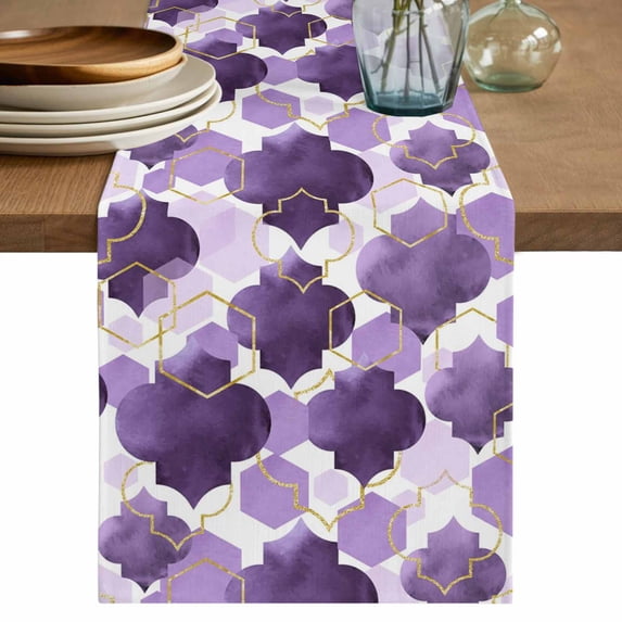 Purple Moroccan Table Runner, Abstract Gradient Gold Purple Geometric Cotton Linen Kitchen Table Decoration Washable Dining Tabletop Runners for Home Party Decor 13x90 Inches