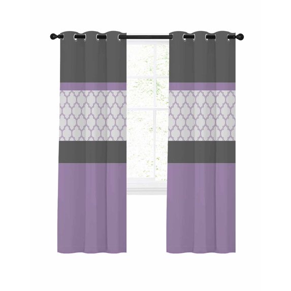 Purple Morocco Blackout Curtains, Light Blocking Print Window Curtains, Boho Stitching Pattern Stripes Grey Thermal Insulated Window Drapes for Living Room Kitchen Cafe 2 Panels, 84"W x 63"L