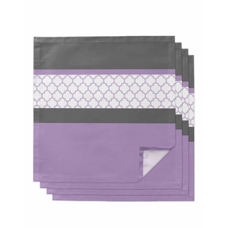 Purple Morocco Cloth Napkins Set of 4 Reusable Dinner Napkins, Boho Stitching Pattern Stripes Grey Cocktail Napkin Washable Table Napkins for Wedding/Holiday Party/Baby Shower 20"x20"