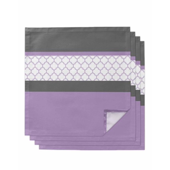 Purple Morocco Cloth Napkins Set of 4 Reusable Dinner Napkins, Boho Stitching Pattern Stripes Grey Cocktail Napkin Washable Table Napkins for Wedding/Holiday Party/Baby Shower 20"x20"