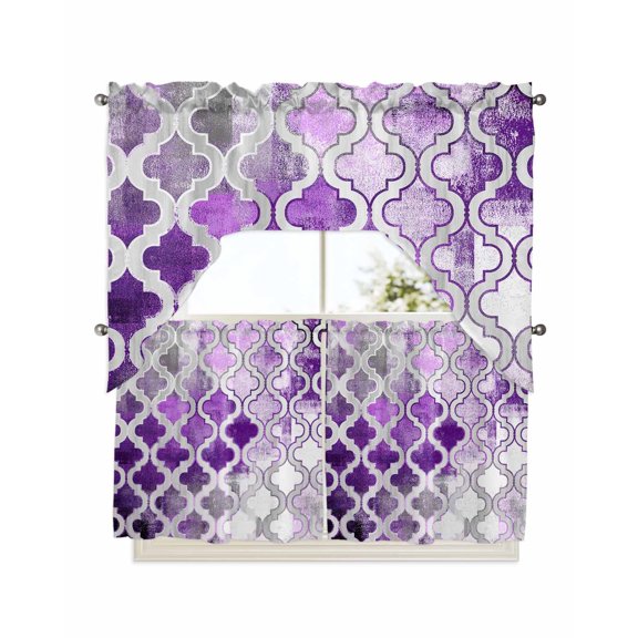Purple Morocco Kitchen Curtains Swag Valance and Tier Curtains Set 24 Inch Length, Rustic Country Smear Street Mottled Art Rod Pocket Drape Panels Pair Swag Curtains for Bathroom/Cafe/Window