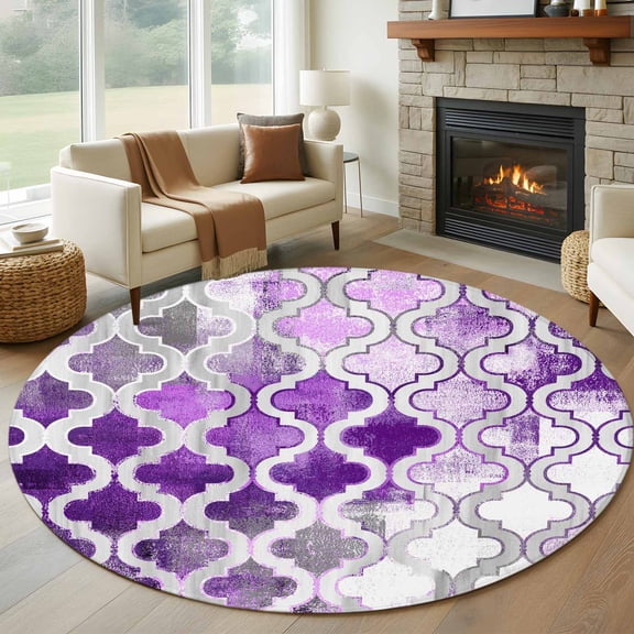 Purple Morocco Large Round Rug 8 FT, Non Slip Living Room Area Carpet, Rustic Country Smear Street Mottled Art Washable Soft Circle Rug Non-Shedding Floor Carpet for Bedroom Office Dining Room