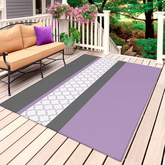 Purple Morocco Outdoor Rug for Patio/Deck/Porch, Non-Slip Large Area Rug 5 x 8 Ft, Boho Stitching Pattern Stripes Grey Indoor Outdoor Rugs Washable Area Rugs, Reversible Camping Rug Carpet Runner
