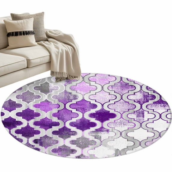 Purple Morocco Round Area Rug 4 FT, Non Slip Indoor Outdoor Rug, Rustic Country Smear Street Mottled Art Washable Soft Circular Carpet Non-Shedding Floor Mat for Coffee Table Nursery Foyer Balcony