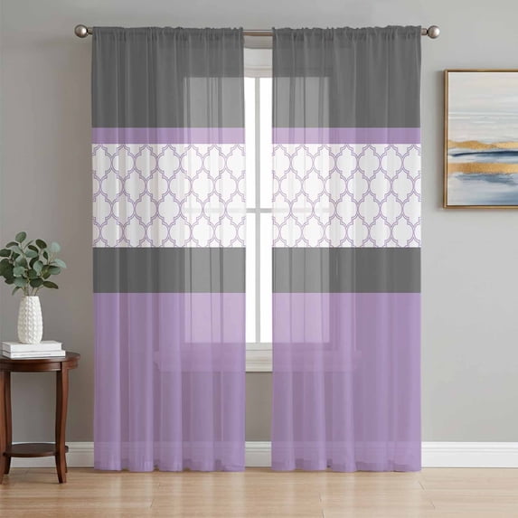 Purple Morocco Sheer Curtains 96 Inch Length 2 Panels Set, Boho Stitching Pattern Stripes Grey Voile Window Treatment Semi Sheer Long Curtains Drapes for Bedroom/Living Room/Kitchen 52"x96"x2