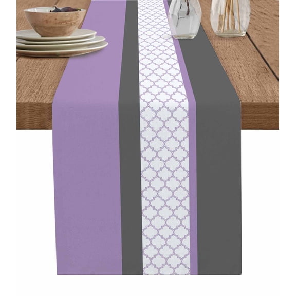 Purple Morocco Table Runner 72 Inches, Boho Stitching Pattern Stripes Grey Bed Runner Dresser Scarves Tabletop for Indoor Outdoor Parties/Ceremony/Banquet, 16" x 72"