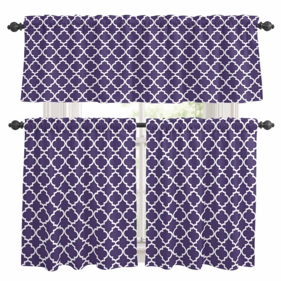 Purple Moroccon Kitchen Curtains Sets for Windows 24 Inch Length, Country Chic Ethnic Minimalist Motifs Rod Pocket Window Treatments Tier Curtains and Valances Set for Bedroom/Bathroom