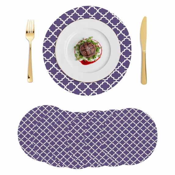 Purple Moroccon Round 13 Inch Placemats Set of 6, Country Chic Ethnic Minimalist Motifs HeatResistant Non Slip Place Mats for Dining Table, Wipeable Braided Kitchen Table Mats for Housewarming
